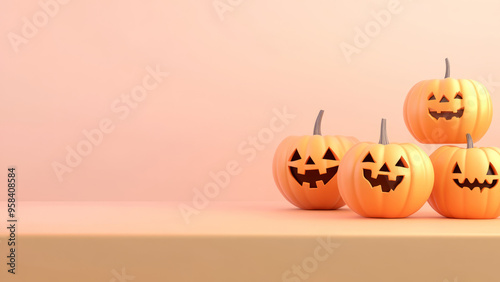 Brightly lit jack-o'-lanterns arranged against a warm orange background, capturing the essence of Halloween.