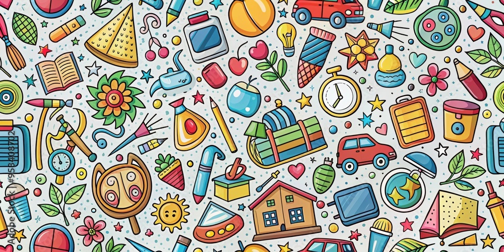 Naklejka premium Back to school doodle pattern featuring fun and colorful educational items , stationery, background, school supplies