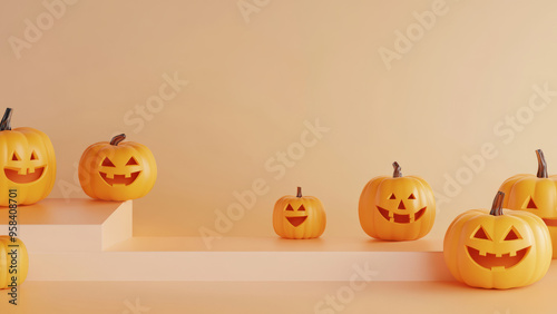Brightly lit jack-o'-lanterns arranged against a warm orange background, capturing the essence of Halloween.