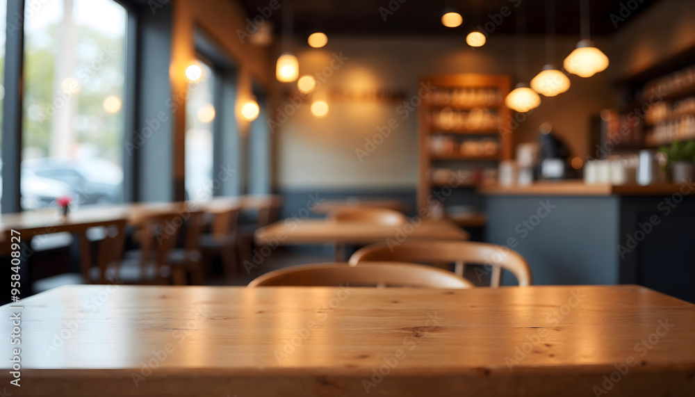 Kitchen Background: a blurred out of focus image of a clean kitchen, and a big wooden table in front Kitchen Background: a blurred out of focus image of a clean kitchen, and a big wooden table in front