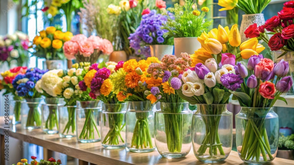 Variety of elegant vases filled with vibrant fresh flowers in a shop display, vases, beautiful, different, big, shop Variety of elegant vases filled with vibrant fresh flowers in a shop display, vases, beautiful, different, big, shop