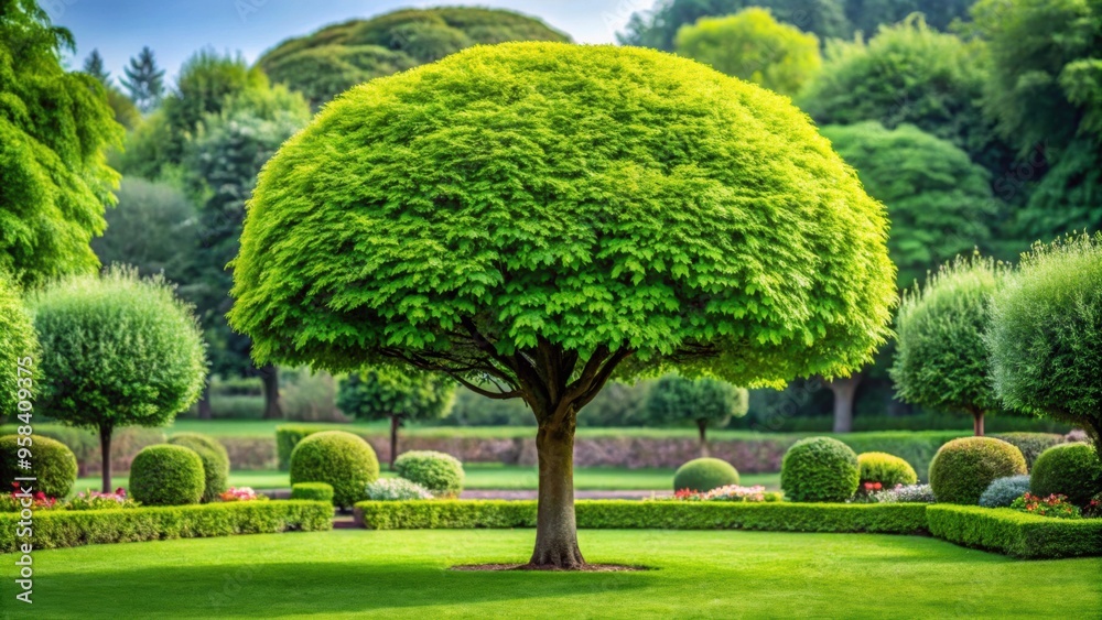 Fototapeta premium Lush green tree standing tall in a beautiful garden, nature, outdoors, foliage, growth, flora, landscape, environment