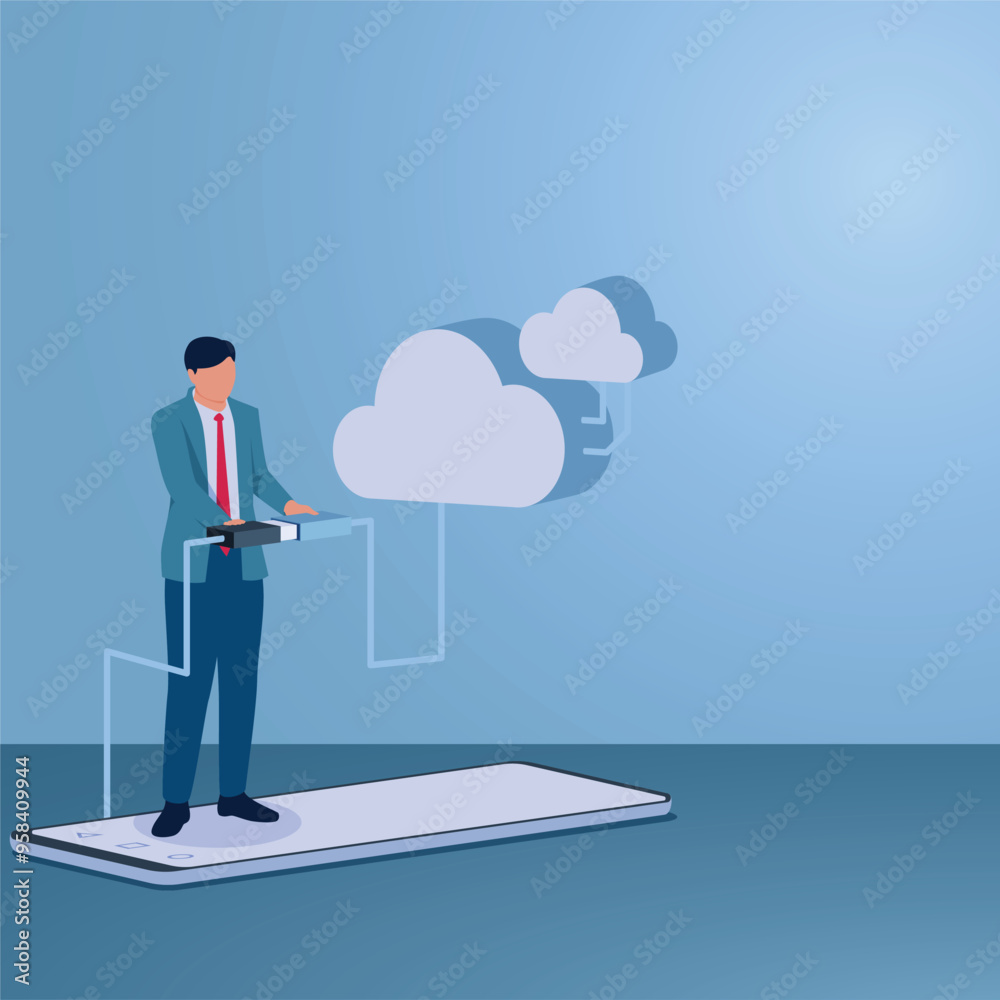 A man connects a smartphone to cloud storage, an illustration for cloud computing. A man connects a smartphone to cloud storage, an illustration for cloud computing.