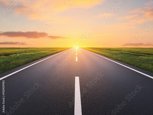 A peaceful road stretches towards a vibrant sunrise, symbolizing new beginnings and endless possibilities.