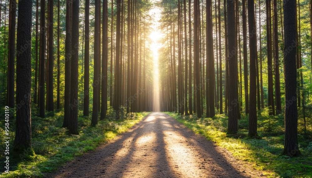 Obraz premium A serene forest pathway illuminated by soft sunlight, inviting nature lovers to explore its tranquil beauty.