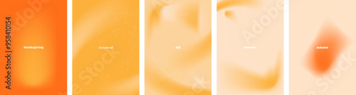 Set of Abstract Orange and Cream Gradient Background with grungy noise texture effect and copy space. Aesthetic orange autumn posters with color strokes. Vertical minimal fall poster layout. Vector.