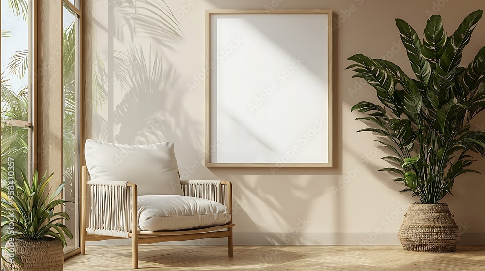 A blank canvas, simple chair, and lush plants define this minimalist living room�s serene design. A blank canvas, simple chair, and lush plants define this minimalist living room�s serene design.