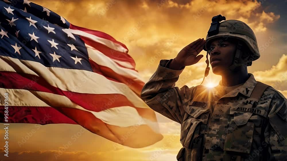 U.S. soldier saluting at sunset with American flag in the background