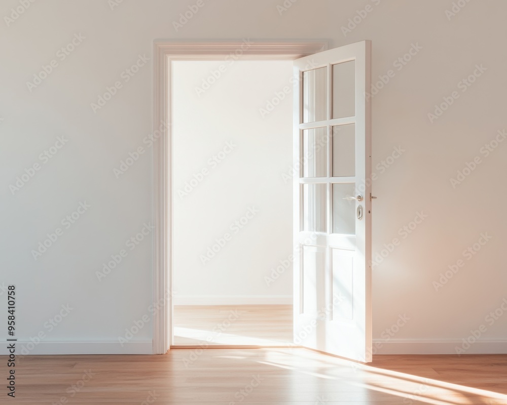 A bright, modern interior featuring an open white door, inviting natural light into a spacious, minimalist room. A bright, modern interior featuring an open white door, inviting natural light into a spacious, minimalist room.