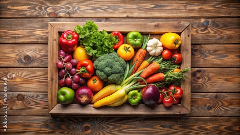 Wooden box with assorted fruits and vegetables cutout, wooden, box, fruits, vegetables, cutout, healthy, fresh, organic, farm Wooden box with assorted fruits and vegetables cutout, wooden, box, fruits, vegetables, cutout, healthy, fresh, organic, farm