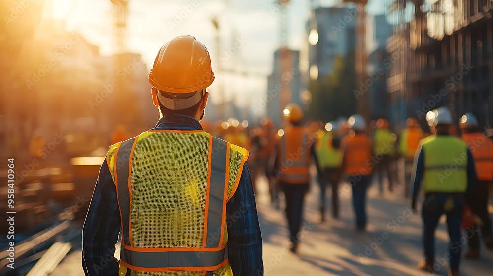 A construction worker in a yellow vest strides purposefully across a bustling construction site.