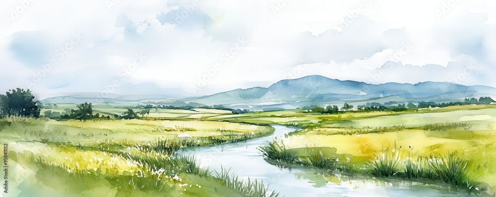 Fototapeta premium Watercolor painting of an idyllic Irish landscape featuring rolling green fields and a serene river under a cloudy sky