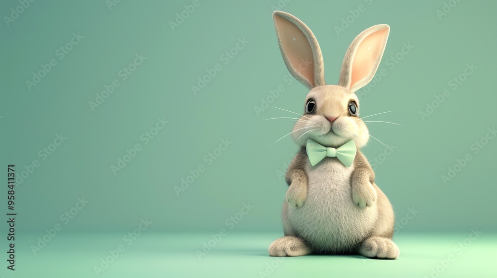 Fototapeta premium A cartoon bunny wearing a bow tie sits against a green background.