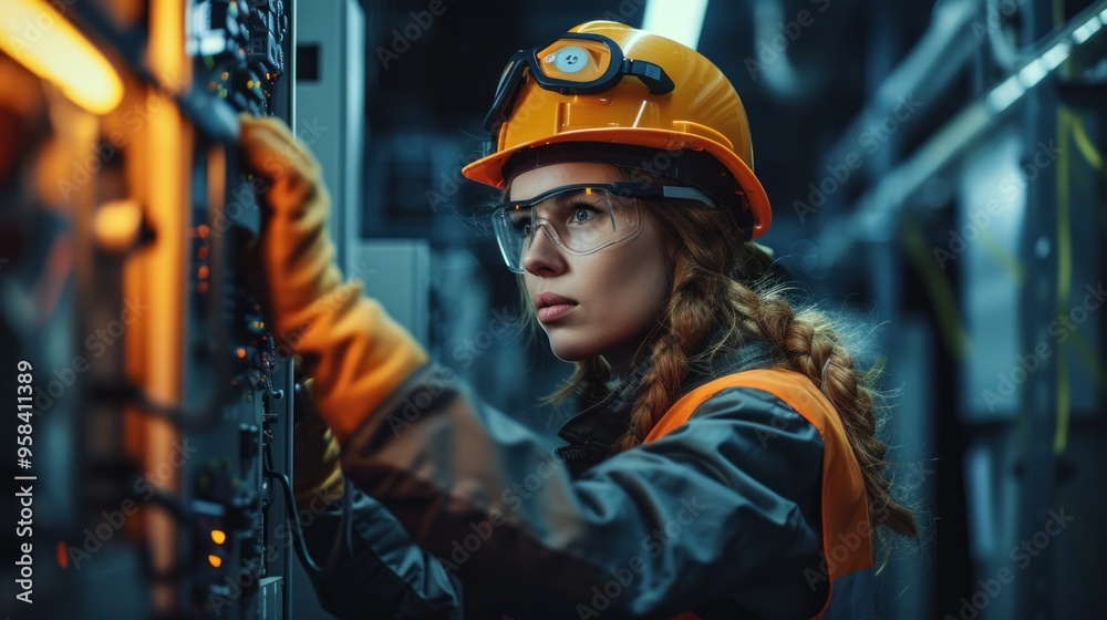 A woman in a hard hat is working on a machine in a factory A woman in a hard hat is working on a machine in a factory