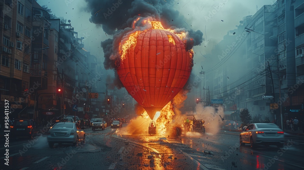 Obraz premium Witness the dramatic landing of a balloon on a busy city street, only to be met with a fiery ignition mid-flight.