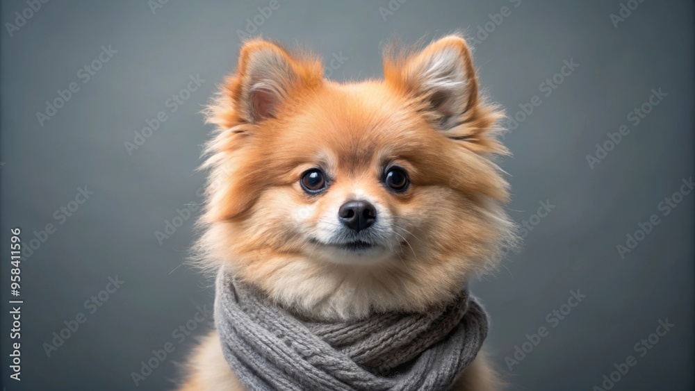 Pomeranian dog wearing a grey scarf on grey background, Pomeranian, dog, pet, cute, small, breed, fluffy, fur, adorable Pomeranian dog wearing a grey scarf on grey background, Pomeranian, dog, pet, cute, small, breed, fluffy, fur, adorable