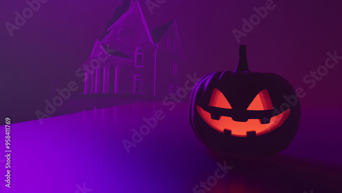 Glowing jack-o'-lantern in front of a shadowy haunted house, creating a spooky Halloween scene.