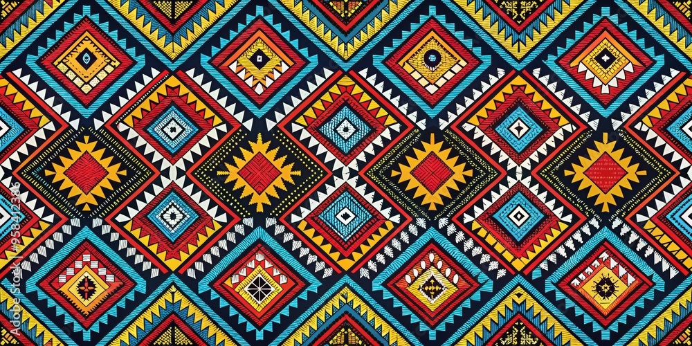 Bright ethnic Zulu pattern with diamond shapes and geometric designs in black, blue, yellow Bright ethnic Zulu pattern with diamond shapes and geometric designs in black, blue, yellow