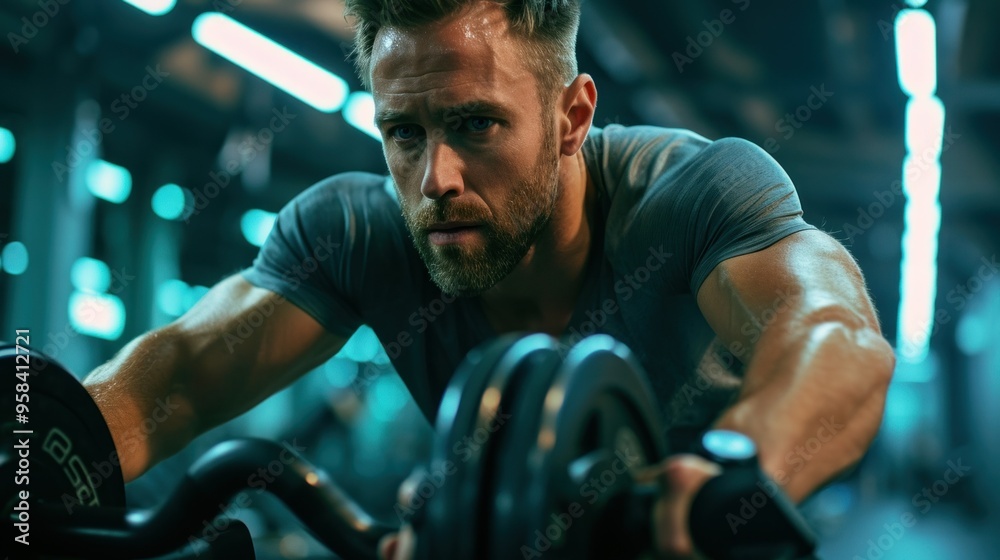 A strong man is lifting a heavy barbell in a busy gym environment A strong man is lifting a heavy barbell in a busy gym environment