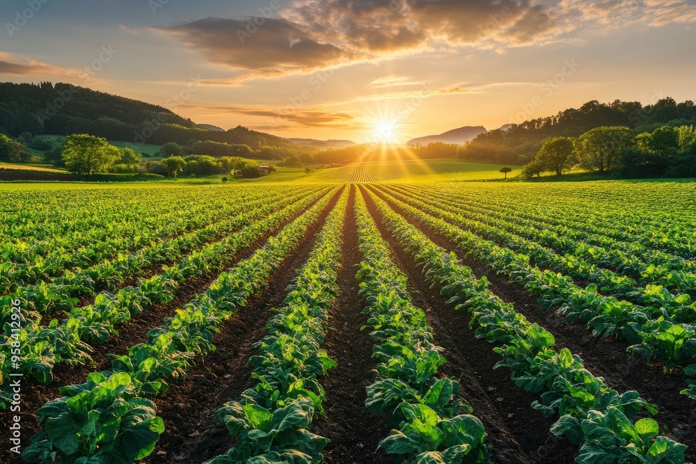 beautiful view in a green farm field with rows of rural plants and vegetables with amazing sunset or sunrise on background of agricultural landscape, ai beautiful view in a green farm field with rows of rural plants and vegetables with amazing sunset or sunrise on background of agricultural landscape, ai