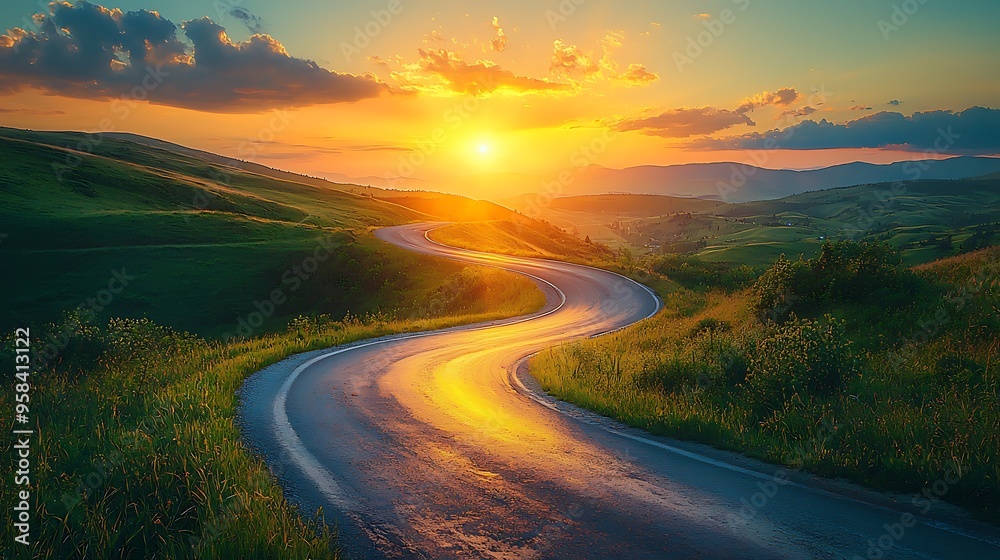 As the sun sets, a winding road meanders through verdant hills, illuminated by the soft, warm glow of twilight. As the sun sets, a winding road meanders through verdant hills, illuminated by the soft, warm glow of twilight.