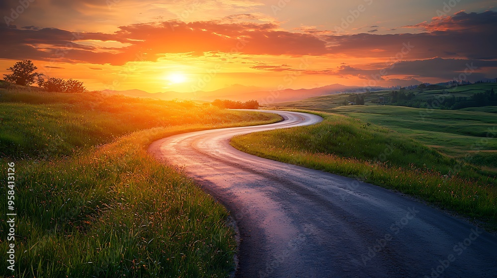 A winding road weaves gracefully through the green hills, bathed in the golden hues of a setting sun.