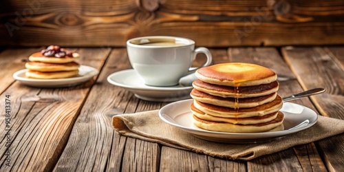 Breakfast with coffee and freshly made pancakes on a rustic wooden table , morning, delicious, coffee cup