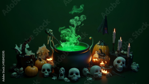 Halloween cauldron bubbling with green potion, surrounded by skulls, pumpkins, and candles on a dark background.