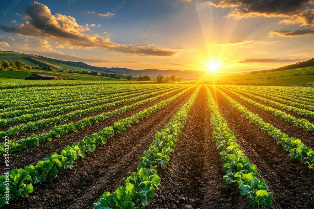 beautiful view in a green farm field with rows of rural plants and vegetables with amazing sunset or sunrise on background of agricultural landscape, ai beautiful view in a green farm field with rows of rural plants and vegetables with amazing sunset or sunrise on background of agricultural landscape, ai