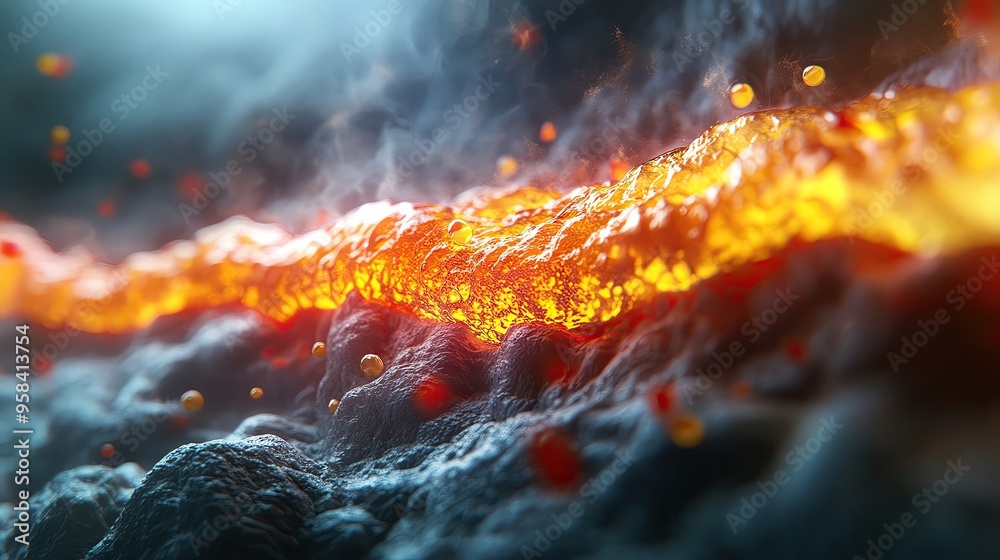 Naklejka premium Dynamic lava flow glowing against a rocky surface, creating a mesmerizing and dramatic volcanic scene.