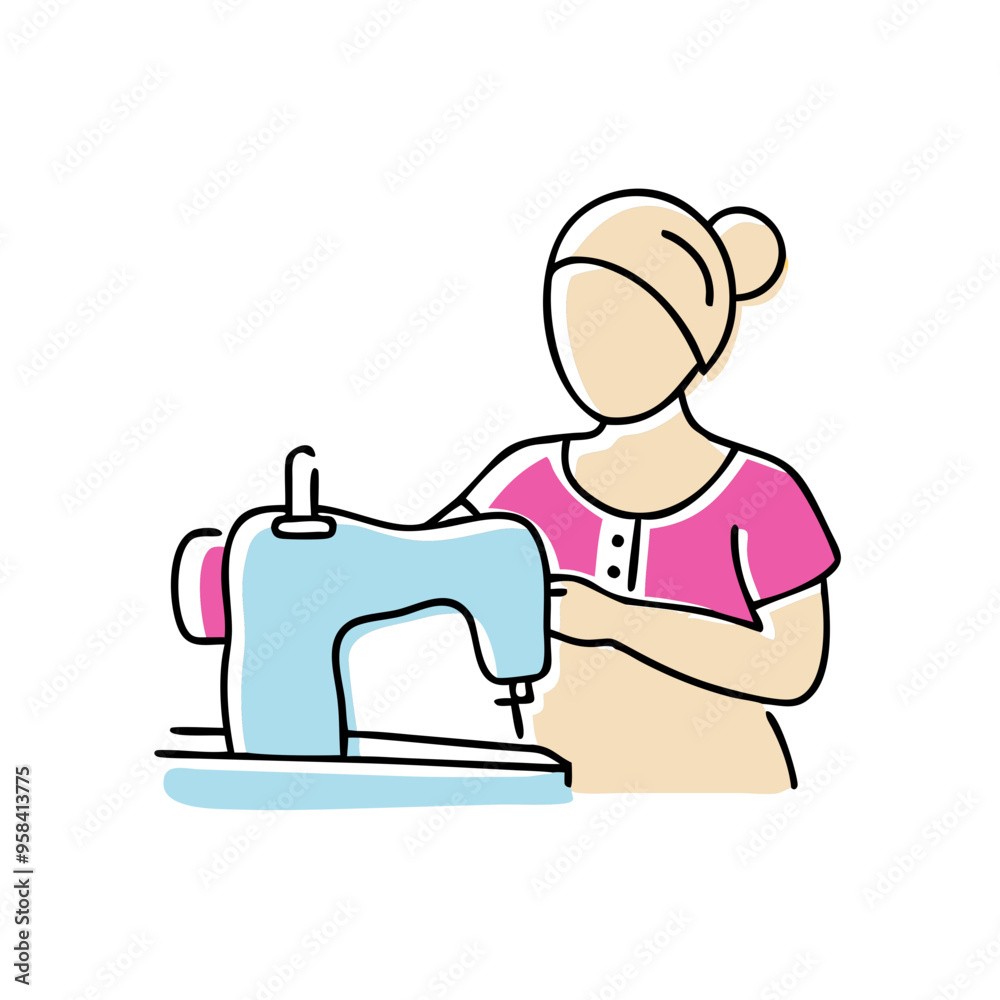 Cheerful Person Using Sewing Machine in Bright Colors for Crafting and Fashion Design
