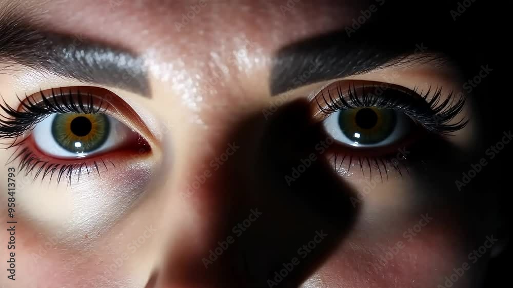 Close-up shots of a young caucasian woman opening and closing her eyes showcase beauty and vision. Light and shadow interplay to enhance her features and expressions, loop Close-up shots of a young caucasian woman opening and closing her eyes showcase beauty and vision. Light and shadow interplay to enhance her features and expressions, loop