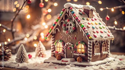 Christmas gingerbread house, festive, cozy, decorated with colorful icing, candy, and a snowy roof, with a warm holiday atmosphere and the sun shining through the clouds photo