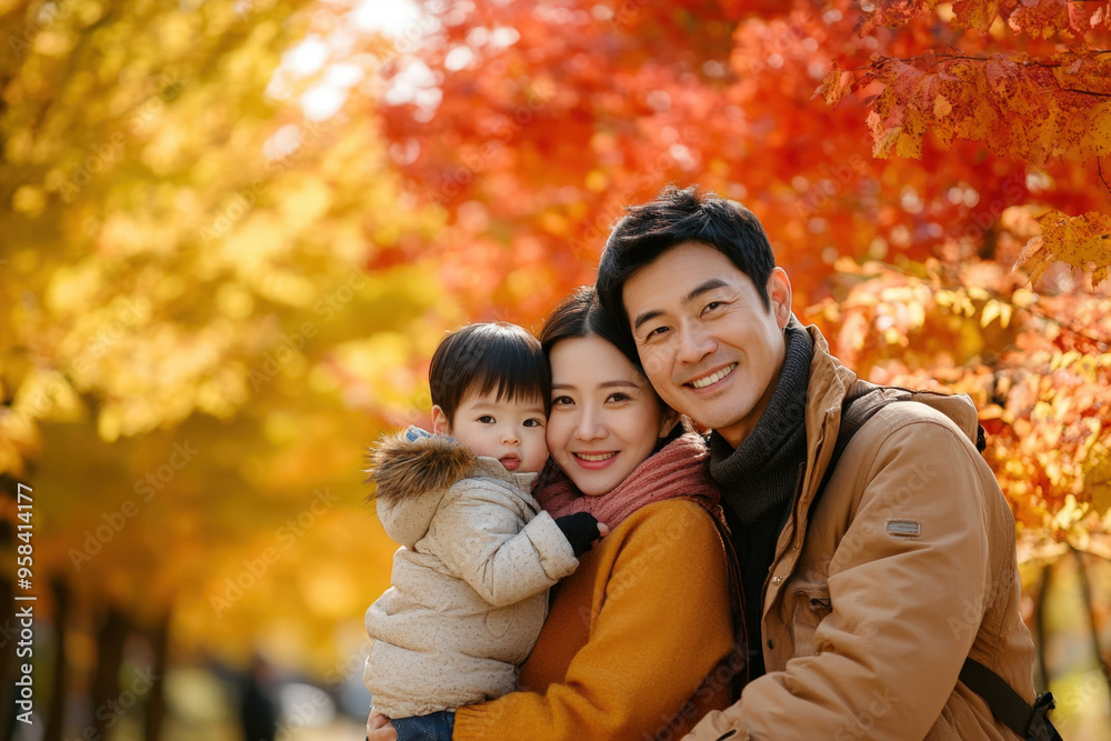 Young family is enjoying a warm autumn day surrounded by vibrant fall colors Young family is enjoying a warm autumn day surrounded by vibrant fall colors
