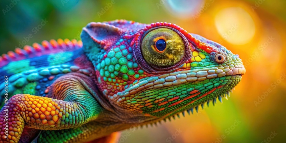 Fototapeta premium Vibrant and colorful chameleon blending into a cool background, Chameleon, reptile, camouflage, color-changing, tropical, exotic