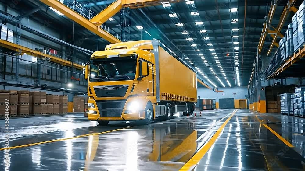 Front of the large yellow truck loading in the modern distribution hub Front of the large yellow truck loading in the modern distribution hub