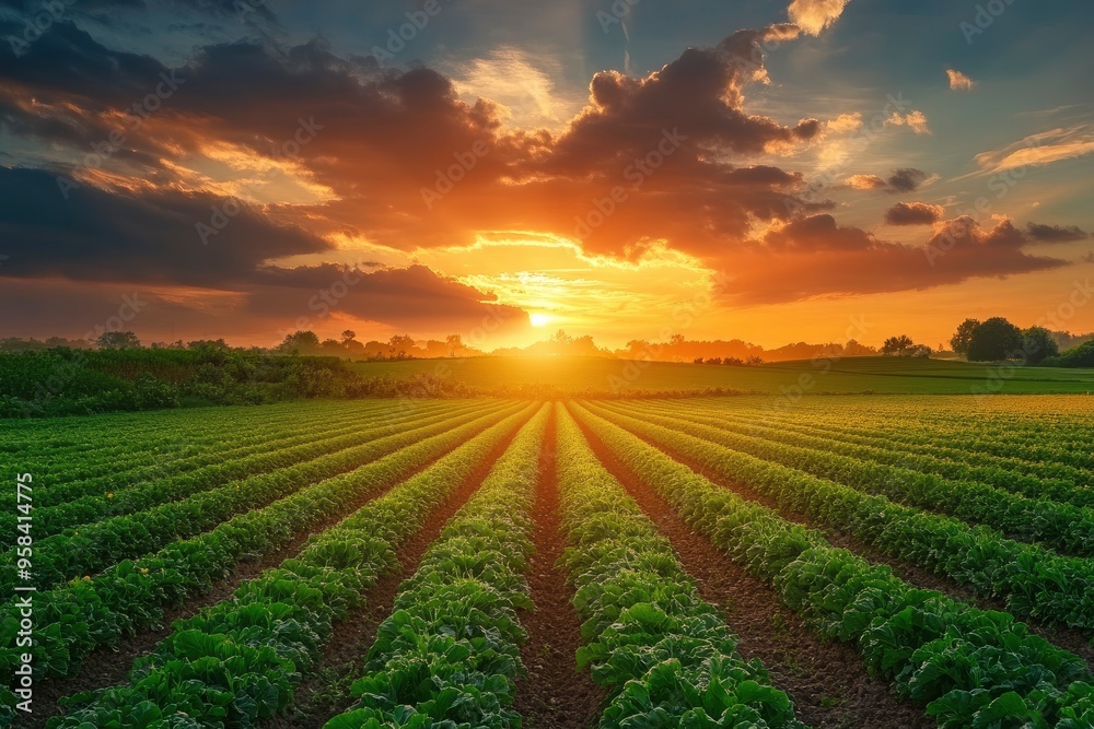 beautiful view in a green farm field with rows of rural plants and vegetables with amazing sunset or sunrise on background of agricultural landscape, ai beautiful view in a green farm field with rows of rural plants and vegetables with amazing sunset or sunrise on background of agricultural landscape, ai