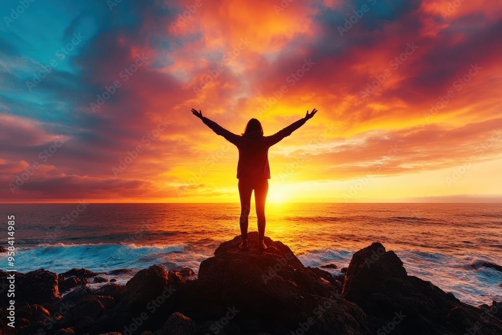 A silhouette of an individual is seen standing atop rocks with arms raised, embracing the beauty of an awe-inspiring and colorful sunrise over the ocean. A silhouette of an individual is seen standing atop rocks with arms raised, embracing the beauty of an awe-inspiring and colorful sunrise over the ocean.