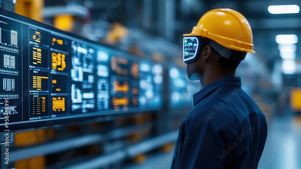 Advance Security Data Management Planning, A worker in a safety helmet analyzes a digital dashboard in a modern industrial environment, showcasing technology and innovation. Advance Security Data Management Planning, A worker in a safety helmet analyzes a digital dashboard in a modern industrial environment, showcasing technology and innovation.