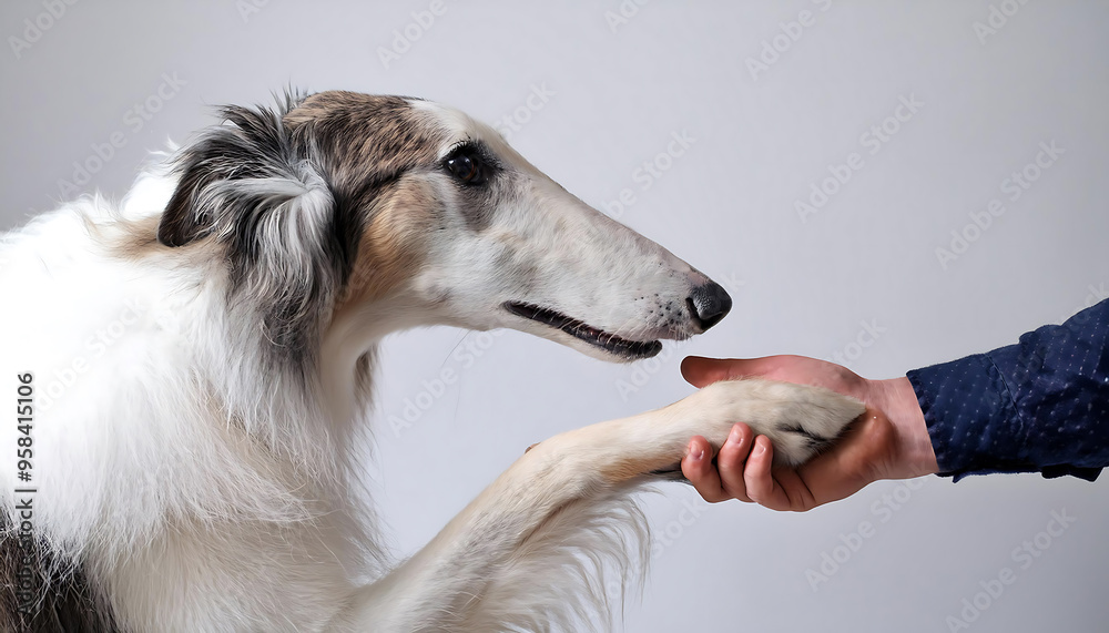 Fototapeta premium person shaking hands with borzoi dog