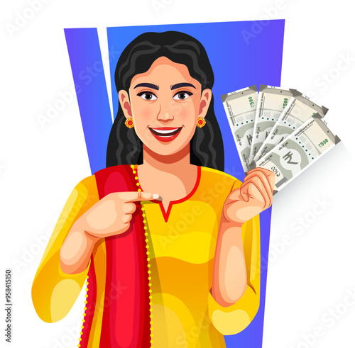 A cheerful Indian woman in suit salwar showing a group of Indian 500 rupee banknotes in her hand - concept of profit, banking, and investment paper currency