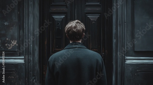 Back view of a man standing in front of a dark door, looking heartbroken and defeated. The scene is filled with sadness and despair.