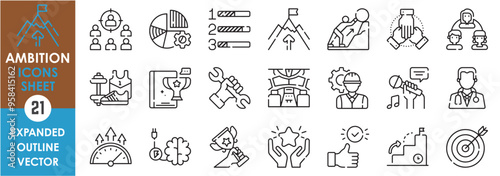 A set of line icons related to Ambition. Job, progress, practice, doctor, engineer, passion, teamwork, target, goal, achievement, time, and so on. Vector outline icons set.