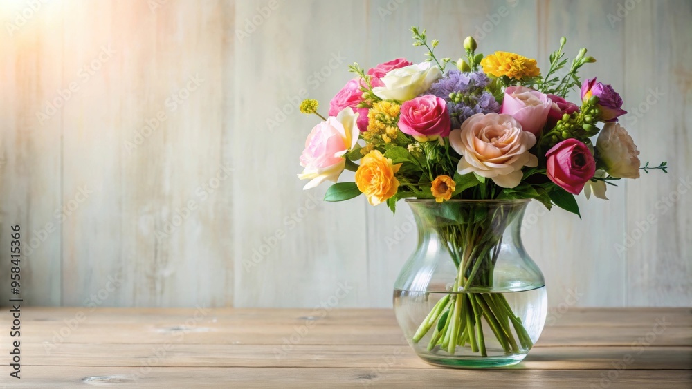Fake bouquet of flowers in clear glass vase on background , artificial, decorative, floral arrangement, plastic Fake bouquet of flowers in clear glass vase on background , artificial, decorative, floral arrangement, plastic