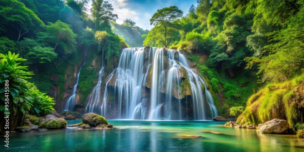 Fototapeta premium A stunning waterfall in the serene mountains with lush greenery surrounding it, waterfall, mountains, nature, scenery, serene