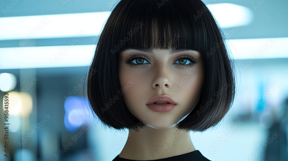 Elegant portrait of a woman with sleek bob hairstyle and captivating blue eyes, showcasing modern beauty and style. Elegant portrait of a woman with sleek bob hairstyle and captivating blue eyes, showcasing modern beauty and style.