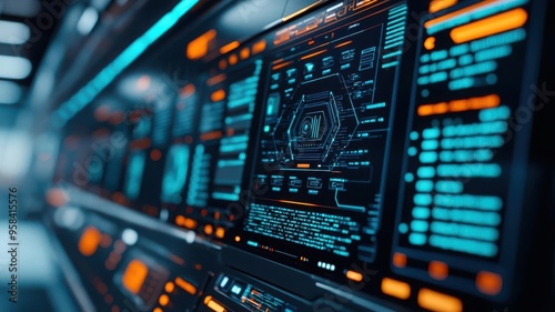 Wallpaper Mural Advance Security Data Management Planning, Futuristic digital interface with glowing screens and complex data visualization in a high-tech environment. Torontodigital.ca