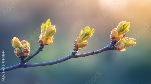 Spring buds bloom on a branch, framed by a soft bokeh background that highlights new growth. photo