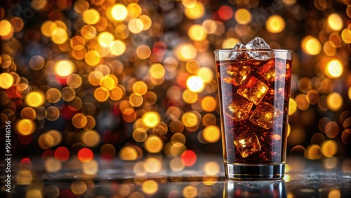 Cola glass with ice cubes on bokeh background, cola, glass, drink, refreshment, beverage, soda, carbonated, ice, cubes