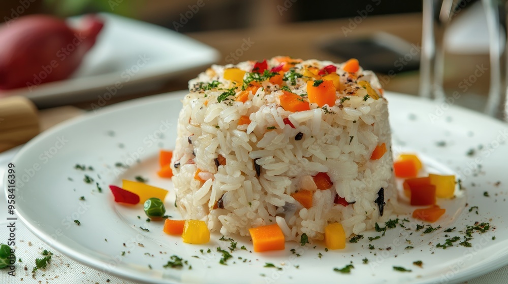 3D rendering of rice with vegetables and wine on a white plate 3D rendering of rice with vegetables and wine on a white plate